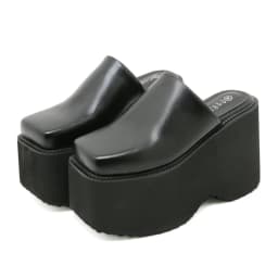 Gdgydh Fashion Square Toe Platform Mules Black PU Slip-On Loafers Thick Heels Comfortable Summer Footwear for Women Slippers