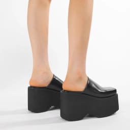 Gdgydh Fashion Square Toe Platform Mules Black PU Slip-On Loafers Thick Heels Comfortable Summer Footwear for Women Slippers