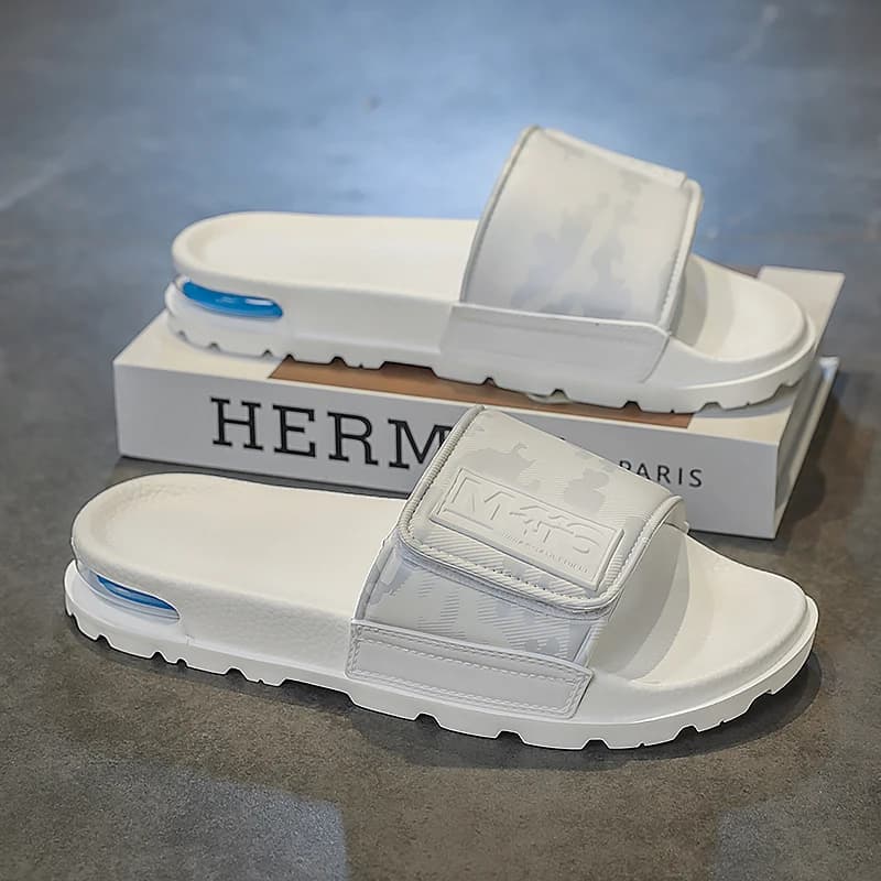 Unisex White Camo Velcro Slide Sandals Air Cushion Thick Lug Sole Adjustable Strap Non Slip Outdoor Beach Casual Slippers