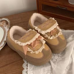 Women Winter Fleece Lined Casual Sneakers Sweet Bow Design Warm Anti Slip Shoes