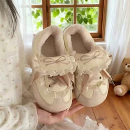 Women Winter Fleece Lined Casual Sneakers Sweet Bow Design Warm Anti Slip Shoes