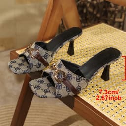 Elegant Metal Buckle High Heels Slippers Women Design Printed Thin Heeled Sandals Woman Fashion Dress Party Shoes Size 43