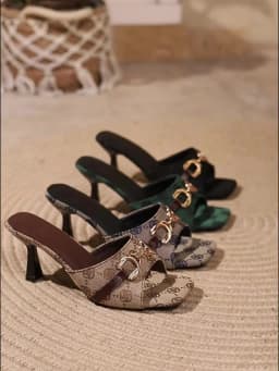 Elegant Metal Buckle High Heels Slippers Women Design Printed Thin Heeled Sandals Woman Fashion Dress Party Shoes Size 43