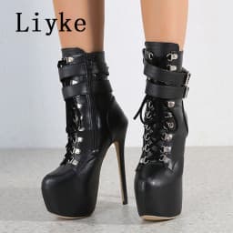 Liyke Autumn Winter Platform Boots For Women Sexy Round Toe Buckle Strap Pole Dance High Heels Pumps Fashion Lace-Up Runway Shoe