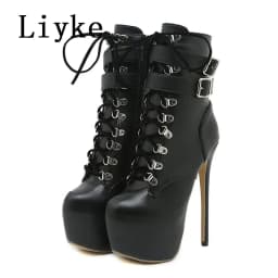 Liyke Autumn Winter Platform Boots For Women Sexy Round Toe Buckle Strap Pole Dance High Heels Pumps Fashion Lace-Up Runway Shoe