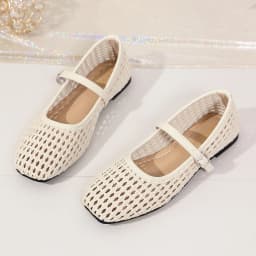 Women's Woven Mary Jane Flats Breathable Hollow Out Leather Buckle Strap Shoes Retro Brown Square Toe Casual Summer Ballet Flats