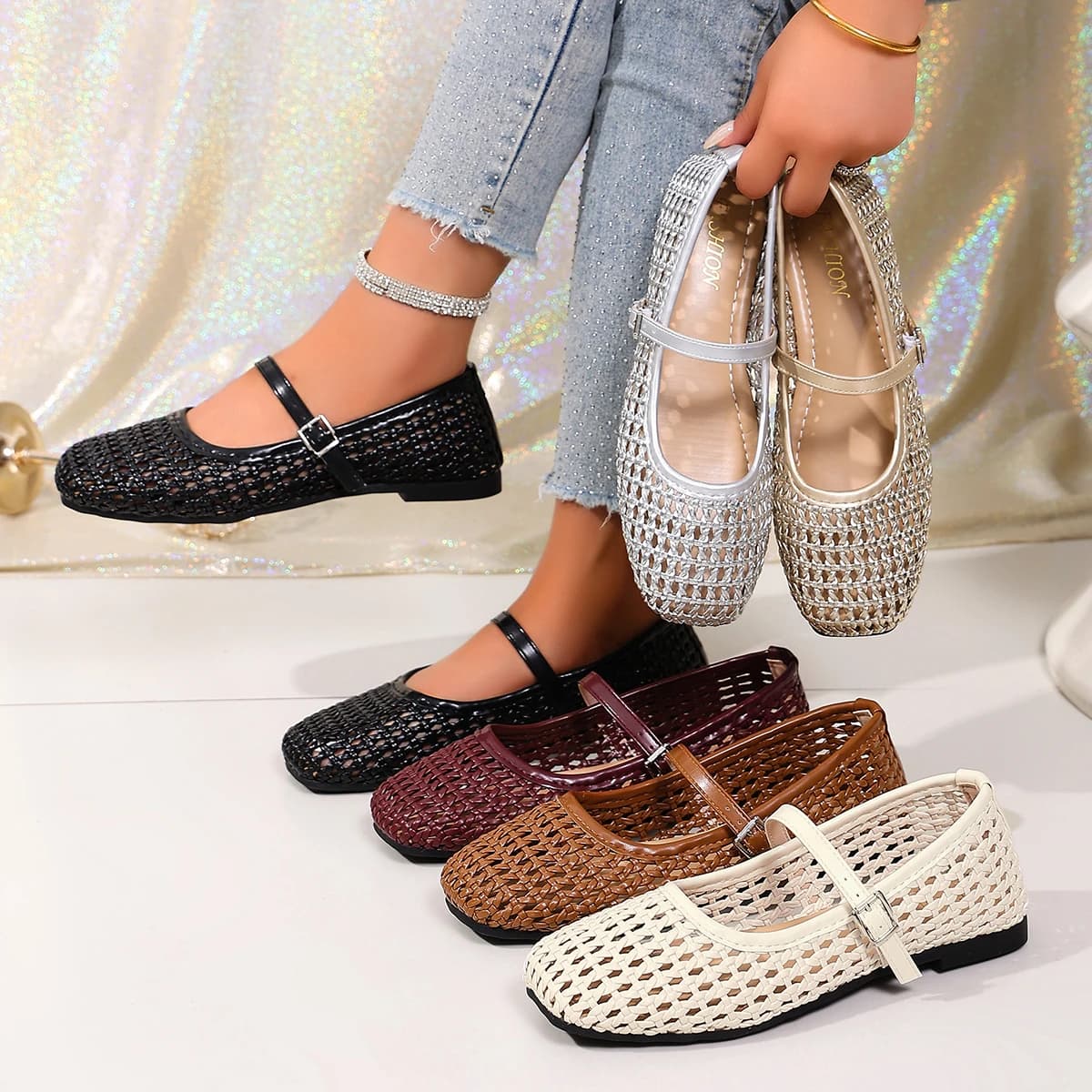 Women's Woven Mary Jane Flats Breathable Hollow Out Leather Buckle Strap Shoes Retro Brown Square Toe Casual Summer Ballet Flats