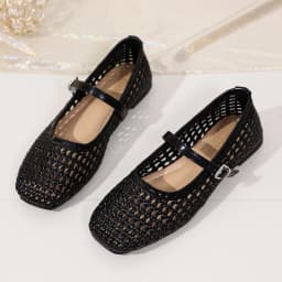 Women's Woven Mary Jane Flats Breathable Hollow Out Leather Buckle Strap Shoes Retro Brown Square Toe Casual Summer Ballet Flats