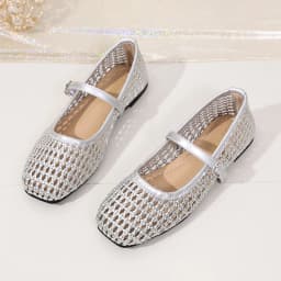 Women's Woven Mary Jane Flats Breathable Hollow Out Leather Buckle Strap Shoes Retro Brown Square Toe Casual Summer Ballet Flats