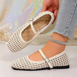 Women's Woven Mary Jane Flats Breathable Hollow Out Leather Buckle Strap Shoes Retro Brown Square Toe Casual Summer Ballet Flats