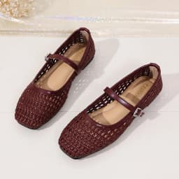 Women's Woven Mary Jane Flats Breathable Hollow Out Leather Buckle Strap Shoes Retro Brown Square Toe Casual Summer Ballet Flats