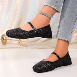 Women's Woven Mary Jane Flats Breathable Hollow Out Leather Buckle Strap Shoes Retro Brown Square Toe Casual Summer Ballet Flats