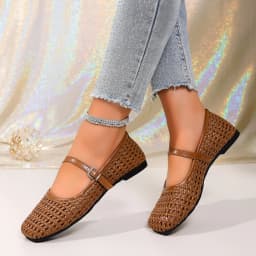 Women's Woven Mary Jane Flats Breathable Hollow Out Leather Buckle Strap Shoes Retro Brown Square Toe Casual Summer Ballet Flats