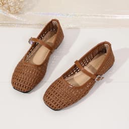 Women's Woven Mary Jane Flats Breathable Hollow Out Leather Buckle Strap Shoes Retro Brown Square Toe Casual Summer Ballet Flats