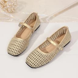 Women's Woven Mary Jane Flats Breathable Hollow Out Leather Buckle Strap Shoes Retro Brown Square Toe Casual Summer Ballet Flats