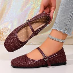 Women's Woven Mary Jane Flats Breathable Hollow Out Leather Buckle Strap Shoes Retro Brown Square Toe Casual Summer Ballet Flats