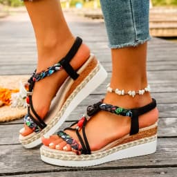 Fashion T-Strap Platform Sandals for Women New Mix Color Elastic Band Wedge Sandals Woman Summer Daily Open Toe Sandalias Female