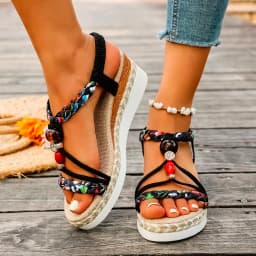 Fashion T-Strap Platform Sandals for Women New Mix Color Elastic Band Wedge Sandals Woman Summer Daily Open Toe Sandalias Female