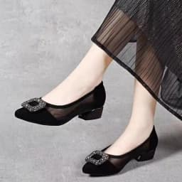 Elegant Pointed Toe Mesh Block Heel Pumps, Rhinestone Square Buckle Decorated Shallow Shoes, Breathable Office Shoes for Women