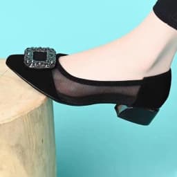 Elegant Pointed Toe Mesh Block Heel Pumps, Rhinestone Square Buckle Decorated Shallow Shoes, Breathable Office Shoes for Women