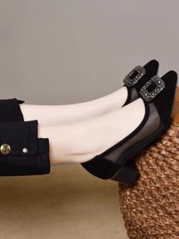 Elegant Pointed Toe Mesh Block Heel Pumps, Rhinestone Square Buckle Decorated Shallow Shoes, Breathable Office Shoes for Women
