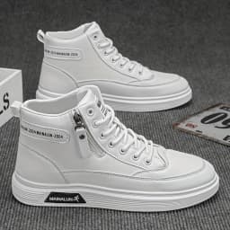 High-Top Sneakers for Men Designed for All Seasons, Featuring a Non-Slip PU Sole And a White Laceless Design Suitable for Urban