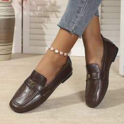 Women's Leather Flat Loafers with Gold-Tone Flower Accessory Round Apron Toe Low Block Heel Comfortable & Office Dress Shoes