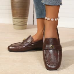 Women's Leather Flat Loafers with Gold-Tone Flower Accessory Round Apron Toe Low Block Heel Comfortable & Office Dress Shoes