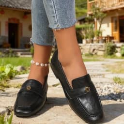 Women's Leather Flat Loafers with Gold-Tone Flower Accessory Round Apron Toe Low Block Heel Comfortable & Office Dress Shoes