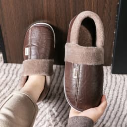 Winter men's slippers with PU upper waterproof and cold resistant TPR sole warm memory cotton non slip soft pad indoor shoes