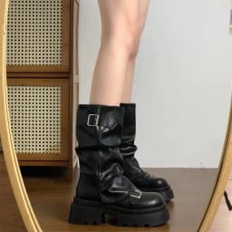 2026 New Vintage Thick Bottom Women Motorcyle Boots Fashion Belt Buckle Autumn Winter Female Slip on Mid Calf Booties