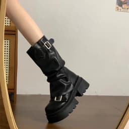 2026 New Vintage Thick Bottom Women Motorcyle Boots Fashion Belt Buckle Autumn Winter Female Slip on Mid Calf Booties