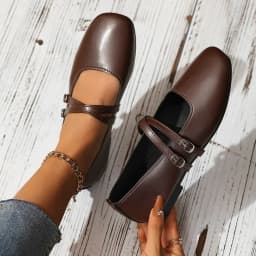 Classic Retro Mary Jane Flat Shoes Fashionable New Women'S Casual Shoes Square Toe Straight Buckle Shallow Mouth Work Shoes
