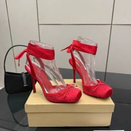Red High-heeled Shoes, Women's Head-wrap with Pleated Bow, Ankle Strap Sandals, Ballet-style Cross-buckle Wedding Shoes