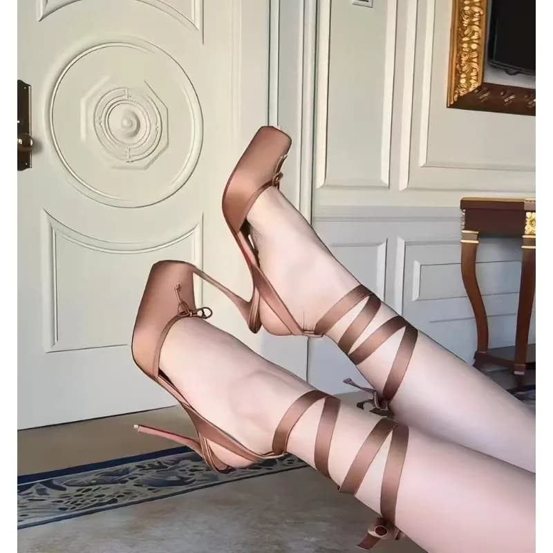 Red High-heeled Shoes, Women's Head-wrap with Pleated Bow, Ankle Strap Sandals, Ballet-style Cross-buckle Wedding Shoes