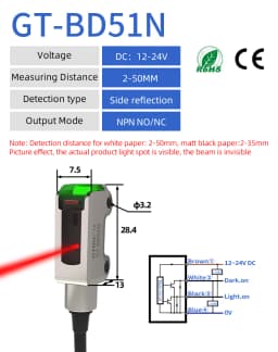 GTRIC Photoelectric Sensor Switch Mini Ultra-thin Diffuse Reflective IP67 Stainless Steel Corrosion Resistant 12-24V DC NPN PNP