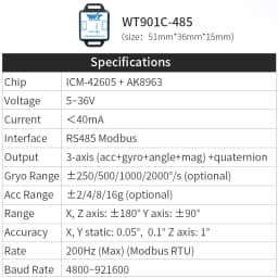 WitMotion WT901C485 9-Axis AHRS Inclinometer Acceleration+Gyro+Angle (XY 0.05° Accuracy)+Digital Compass, RS485 Modbus Protocol
