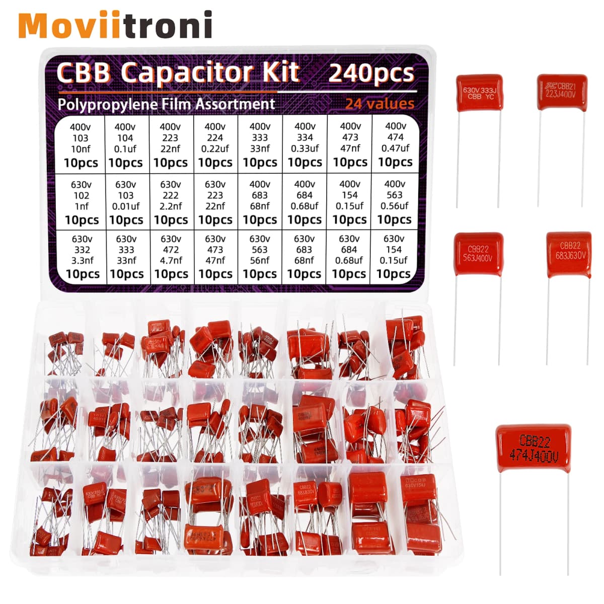 240pcs CBB Capacitor Assortment Kit Metallized Polypropylene Film Capacitors