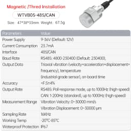 WitMotion WTVB05 Temperature Vibration 3 Xial Acceleration+Amplitude+Displacement+Frequency IP67 Sensor for Motor Water Pump