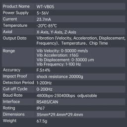 WitMotion WTVB05 Temperature Vibration 3 Xial Acceleration+Amplitude+Displacement+Frequency IP67 Sensor for Motor Water Pump