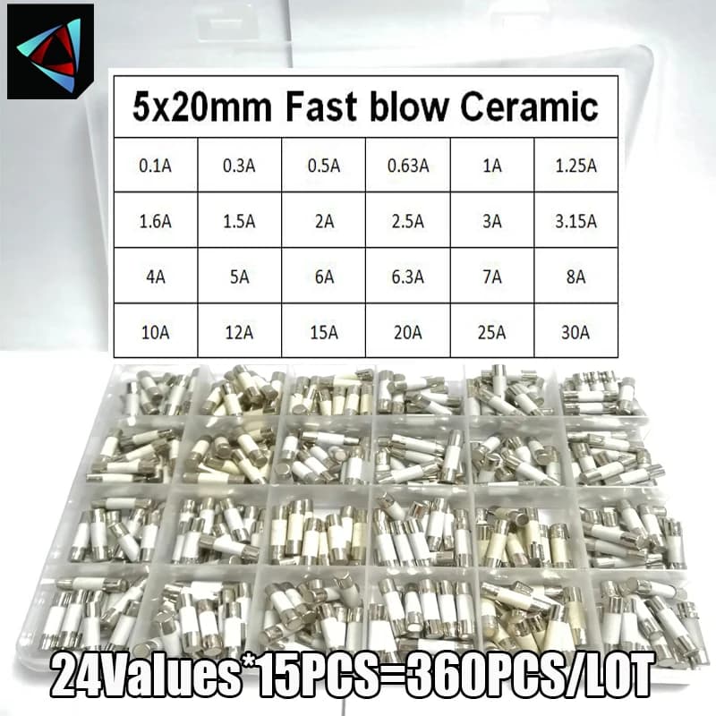360Pcs/Box 24Values 5*20mm Fast Blow Ceramic Fuse 250V 0.1A 0.25A 0.5A 1A 1.5A 2A 2.5A 3A 3.15A 4A 5A 6A 6.3A 8A 10A 15A 16A