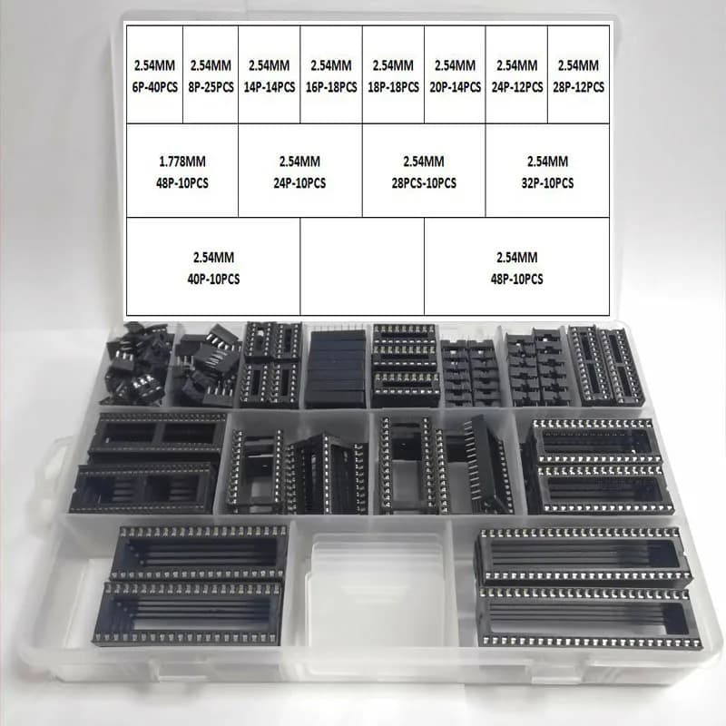 213Pcs/Box 2.54 1.778 mm Pitch DIP IC Sockets Solder Type Adaptor Assortment Kit (6/8/14/16/18/20/24/28/40/48 Pins)
