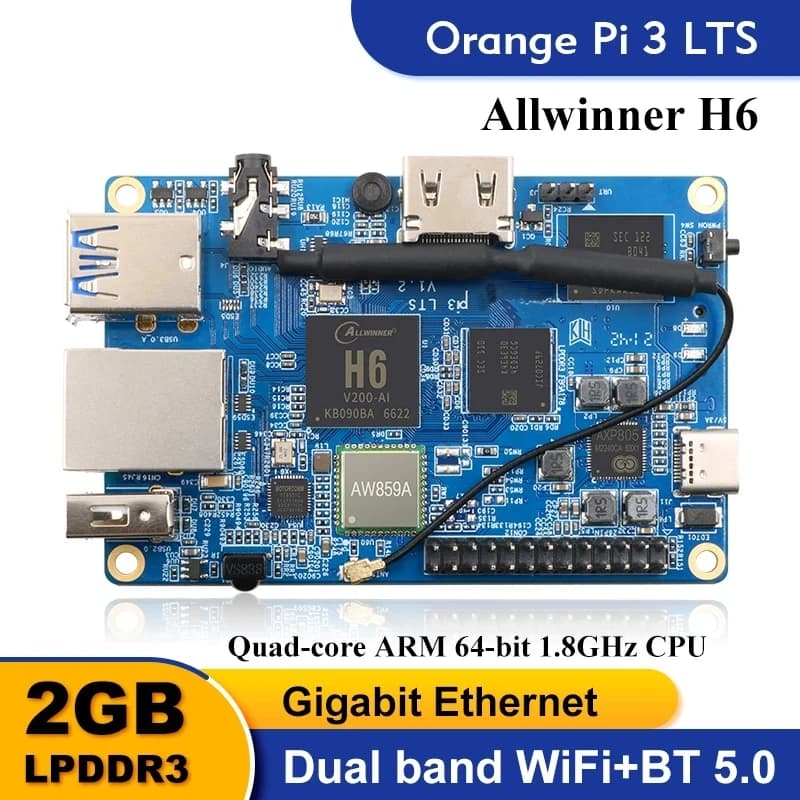 Orange Pi 3 LTS 2G8G EMMC with HDMI+WIFI+BT5.0, AllWinner H6 SoC,Open Source Board Computer,Run Android 9.0/ Ubuntu/ Debian OS