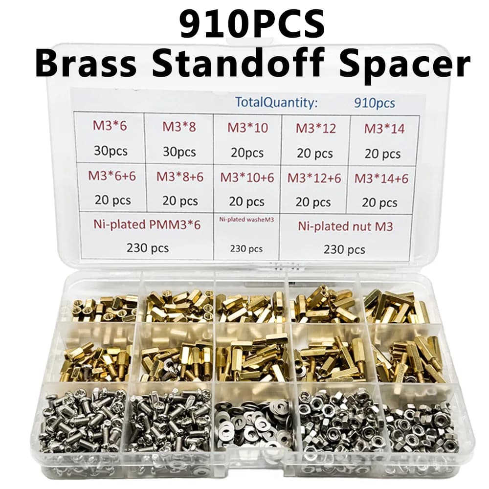 1Set 910PCS Brass Standoff Spacer Kit 230PCS PMM3 + 230PCS NutM3 + WasheM3 Hex head Brass Spacing Screws Threaded M3 Pillar PCB