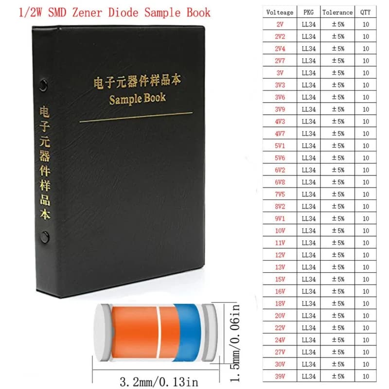 1500pcs 30Values LL34 1/2W 2v-39v SMD Zener Diode Assorted Kit 0.5W Eries Various Zener Diodes Book Kit