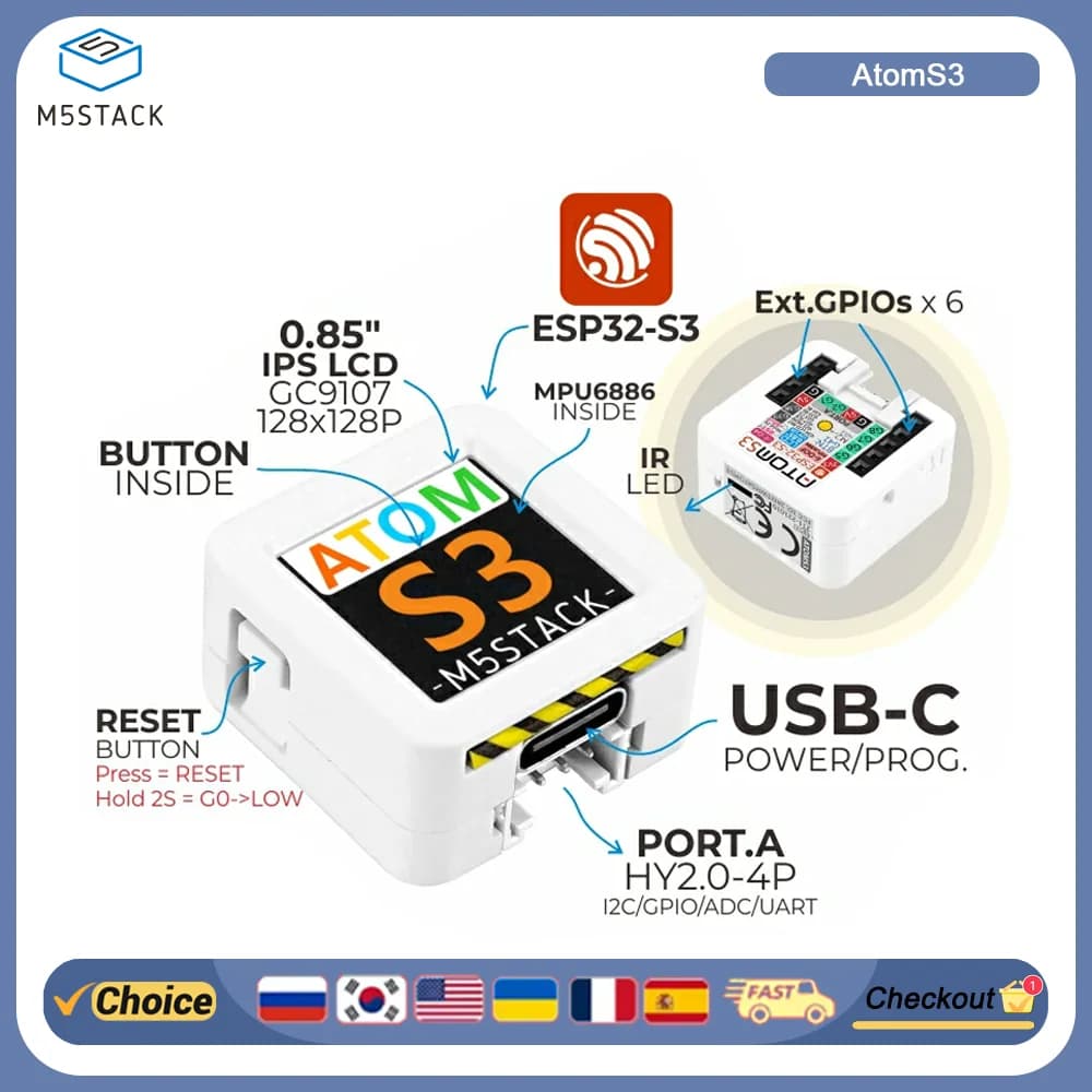 M5Stack AtomS3 ESP32-S3 Programmable Controller 0.85 Inch IPS Screen WiFi BLE MPU6886 Gyro USB-C Mini IoT Development Board