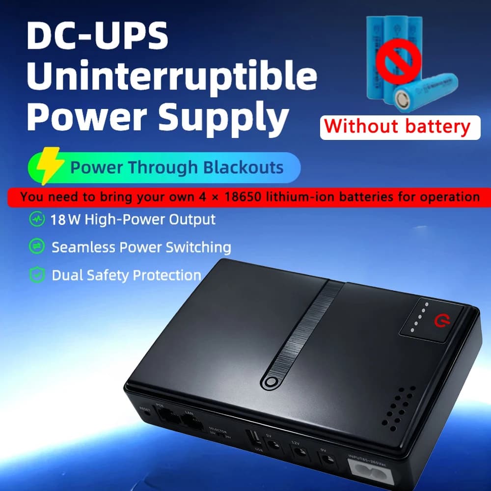 Emergency UPS 5V-24V Adjustable DC Output 0.6A-2A Charger Without 18650 Batteries Desgin for Router CCTV EU Plug AC85-265V Input