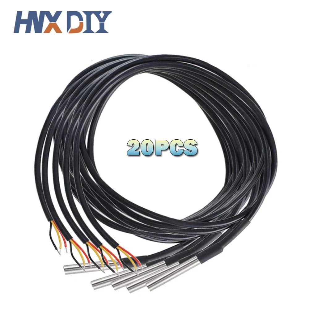 20pcs DS18b20 Waterproof Encapsulated Stainless Steel DS18B20 18B20 Temperature Sensor Probe Cable Length 1m 2m 3m 5m 500cm