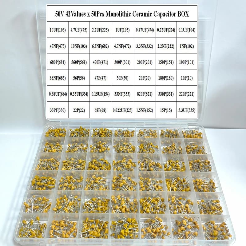 42values*50pcs Monolithic Ceramic Capacitor 10pF~10uF,ceramic capacitor Assorted Kit 1UF 100NF 330NF 0.1UF 102 104 105 335 Box