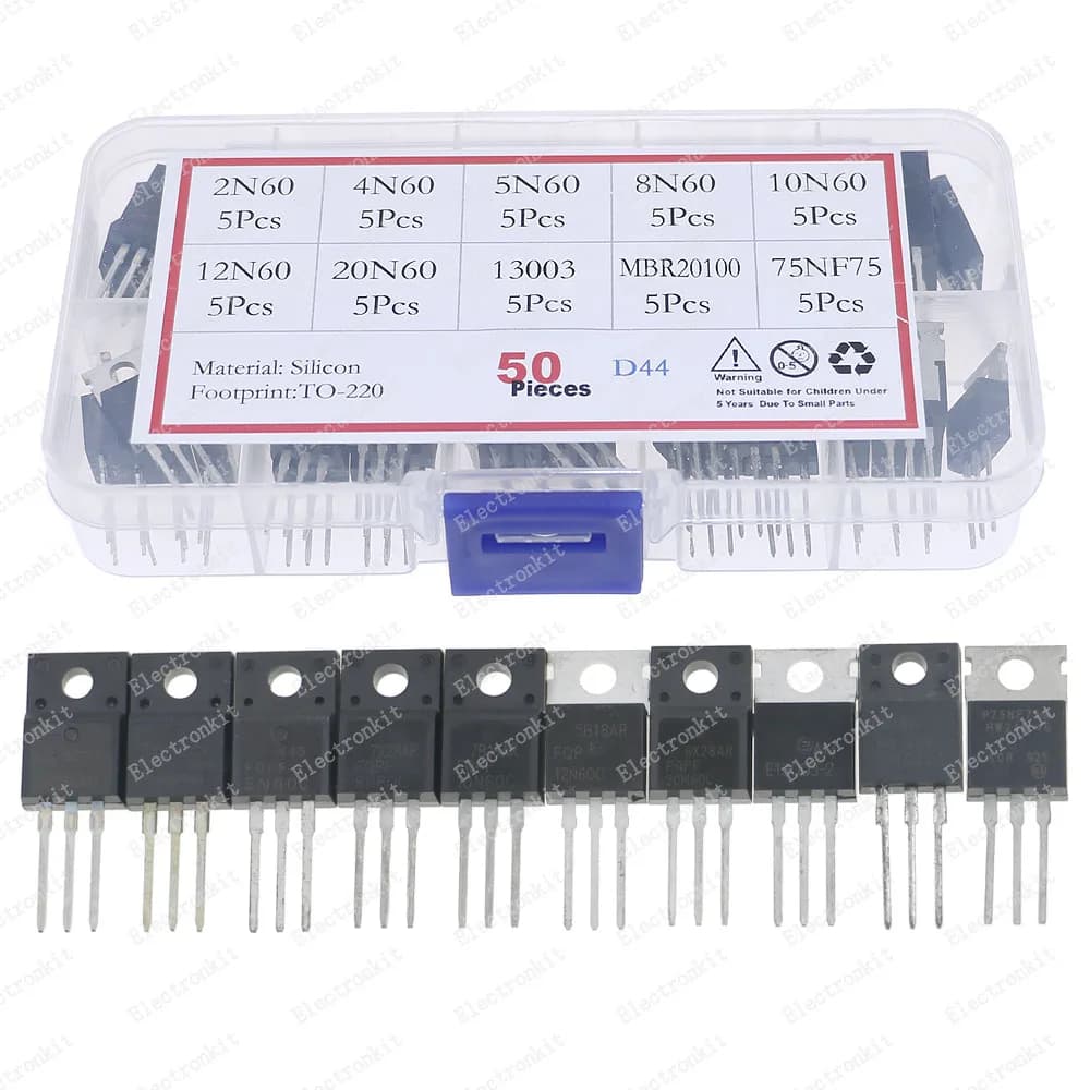 50Pcs 10Values TO-220 Mosfet Transistor Kit Box 2N60 4N60 5N60 8N60 10N60 12N60 20N60 13003 MBR20100 75NF75